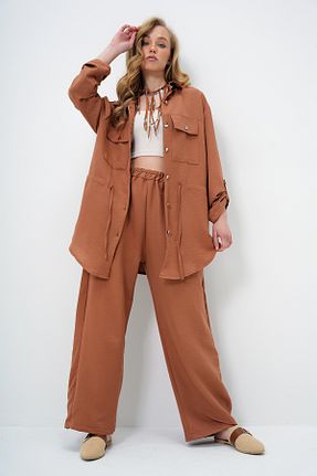 ست بالاتنه و پائین تنه قهوه ای زنانه بافتنی Trend Alaçatı Stili - کد 929619125
