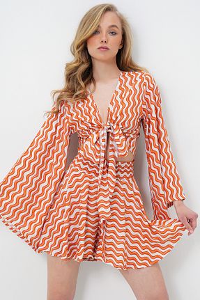 ست بالاتنه و پائین تنه نارنجی زنانه بافت Trend Alaçatı Stili - کد 929619074