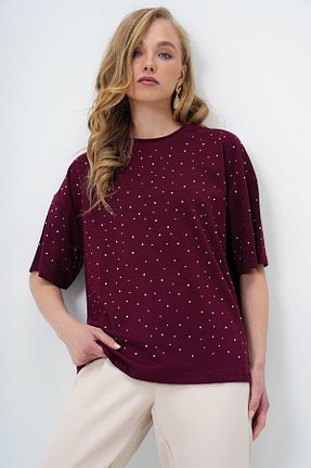 تیشرت زرشکی زنانه Relaxed Trend Alaçatı Stili - کد 930998250