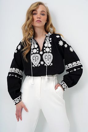 بلوز مشکی زنانه یقه هفت Trend Alaçatı Stili - کد 930998001