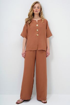 ست بالاتنه و پائین تنه قهوه ای زنانه بافتنی Trend Alaçatı Stili - کد 931000468