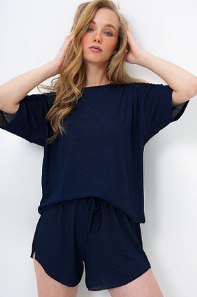 ست بالاتنه و پائین تنه سرمه ای زنانه بافت Trend Alaçatı Stili - کد 930998081
