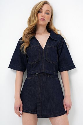 ست بالاتنه و پائین تنه سرمه ای زنانه جین Trend Alaçatı Stili - کد 930998135