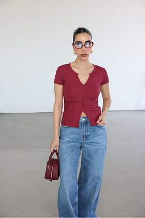 بلوز زرشکی زنانه ساده Özge Özgenç - کد 931167831