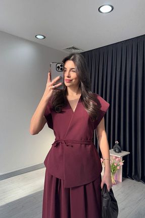 ست بالاتنه و پائین تنه زرشکی زنانه بافتنی HARMONY GLOBAL - کد 931304128