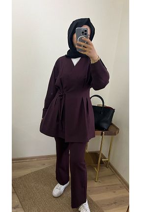ست بالاتنه و پائین تنه زرشکی زنانه بافت Line By Touches - کد 931476550
