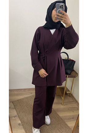 ست بالاتنه و پائین تنه زرشکی زنانه بافت Line By Touches - کد 931476550