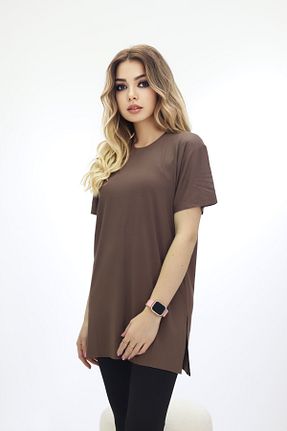 تیشرت قهوه ای زنانه لانگ فیت Bala Giyim - کد 900309340