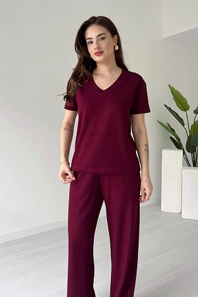 ست بالاتنه و پائین تنه زرشکی زنانه بافتنی MODAMİNEM - کد 932328123