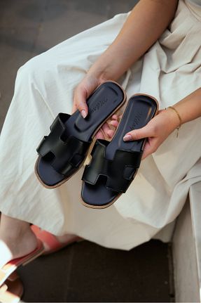 دمپائی مشکی زنانه چرم مصنوعی MİLAYA SHOES - کد 932343734