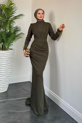 لباس مجلسی حجاب خاکی زنانه یقه ایستاده MERVEN AKYÜZ - کد 932920403