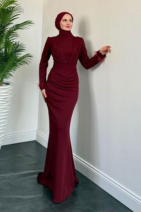 لباس مجلسی حجاب زرشکی زنانه یقه ایستاده MERVEN AKYÜZ - کد 932920410