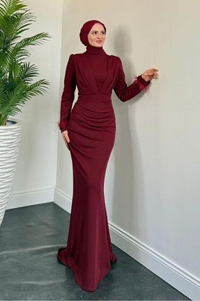 لباس مجلسی حجاب زرشکی زنانه یقه ایستاده MERVEN AKYÜZ - کد 932920410