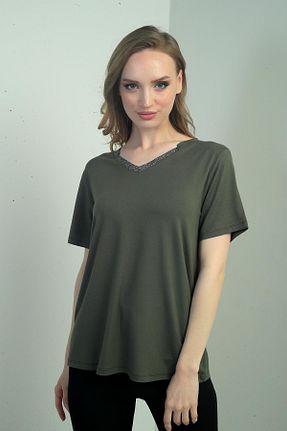 بلوز خاکی زنانه رگولار By Saygı - کد 932601674