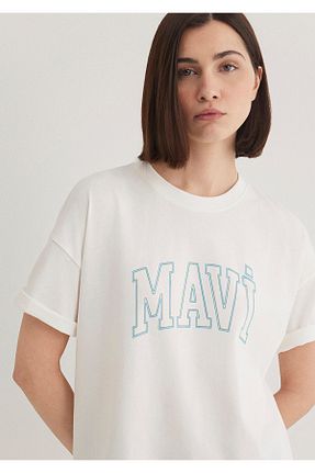 تیشرت سفید زنانه یقه دوچرخه Mavi - کد 641621515