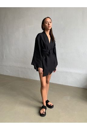 کیمونو و کافتان مشکی زنانه مخلوط کتان ADORRA34 - کد 922180206