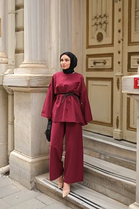 ست بالاتنه و پائین تنه زرشکی زنانه بافتنی LOCCO - کد 931278686