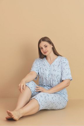 ست لباس راحتی سایز بزرگ آبی زنانه طرح دار Temporium - کد 931584315