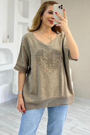 بلوز خاکی زنانه ساده AYASOFYA OTANTIK - کد 931597619