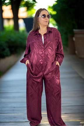 ست بالاتنه و پائین تنه سایز بزرگ زرشکی زنانه کش دار yagmurberen - کد 931473792