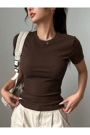 تیشرت قهوه ای زنانه کراپ JANSO GROUP - کد 931957377