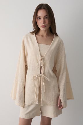 کیمونو و کافتان بژ زنانه کتان JASTE - کد 931754685