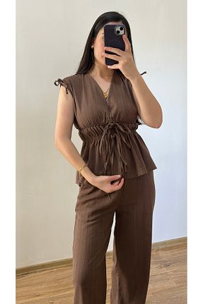 ست بالاتنه و پائین تنه قهوه ای زنانه بافتنی fikoşş - کد 932757465