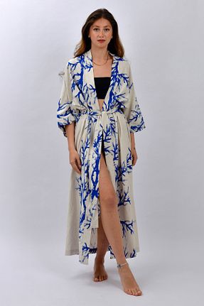 کیمونو و کافتان آبی زنانه کتان Merfico - کد 839951341
