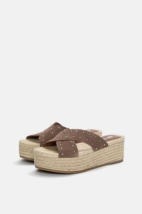 دمپائی قهوه ای زنانه چرم خالص Pull & Bear - کد 924581555
