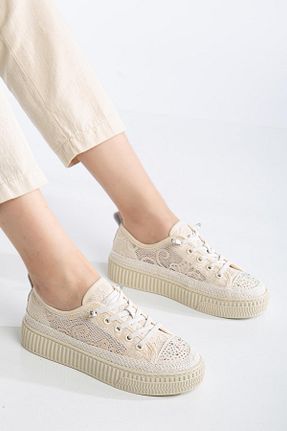 کفش اسنیکر بژ زنانه بند دار SUİNS SHOES - کد 931440439