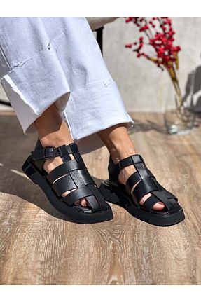 صندل مشکی زنانه پاشنه تخت SİBA SHOES - کد 922761590