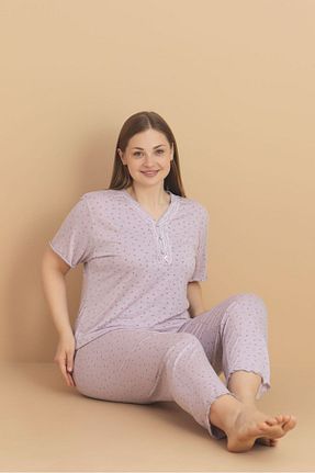 ست لباس راحتی سایز بزرگ بنفش زنانه طرح دار Temporium - کد 931590780