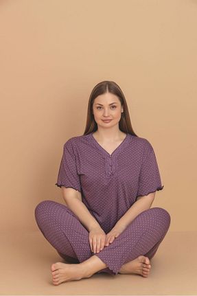 ست لباس راحتی سایز بزرگ بنفش زنانه طرح دار Temporium - کد 931590777