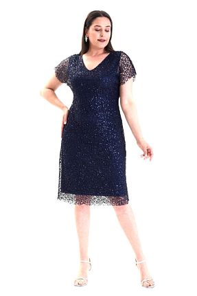 لباس مجلسی سایز بزرگ سرمه ای زنانه یقه هفت Şirin Butik - کد 931981132