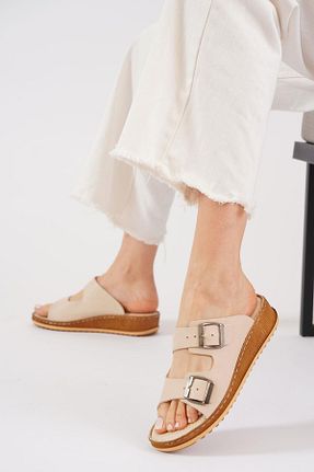 دمپائی خانگی بژ زنانه چرم خالص Moda Pie - کد 932032251