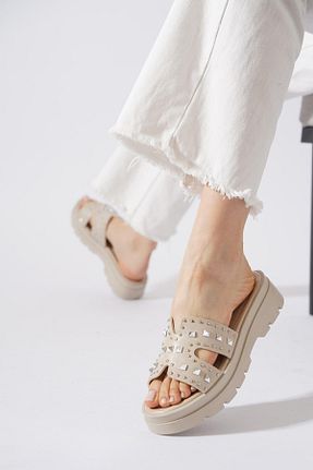 دمپائی خانگی بژ زنانه چرم مصنوعی Moda Pie - کد 932032320