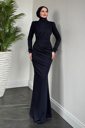 لباس مجلسی حجاب سرمه ای زنانه یقه ایستاده MERVEN AKYÜZ - کد 932920659