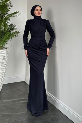 لباس مجلسی حجاب سرمه ای زنانه یقه ایستاده MERVEN AKYÜZ - کد 932920659