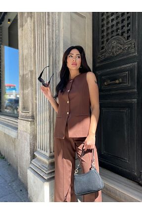 ست بالاتنه و پائین تنه قهوه ای زنانه بافتنی Göker Life - کد 933273093
