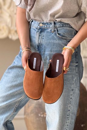 دمپائی قهوه ای زنانه چرم خالص NİŞANTAŞI SHOES - کد 932994301