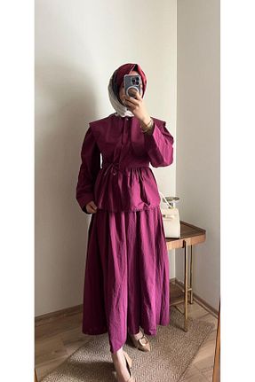 ست بالاتنه و پائین تنه زرشکی زنانه مخلوط کتان Line By Touches - کد 933543303
