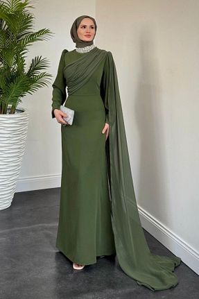 لباس مجلسی حجاب خاکی زنانه یقه ایستاده MERVEN AKYÜZ - کد 934286490