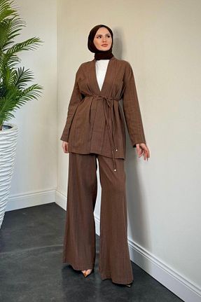 ست بالاتنه و پائین تنه حجاب قهوه ای زنانه اورسایز MERVEN AKYÜZ - کد 933608540