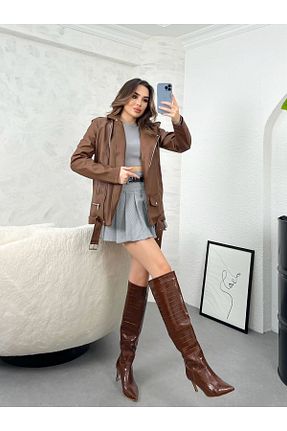 کت قهوه ای زنانه اورسایز İLKCET MODA - کد 796211018