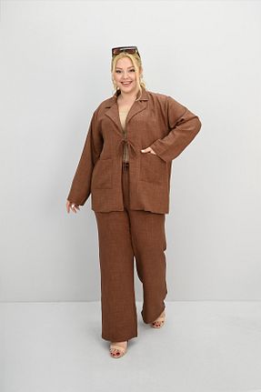 ست بالاتنه و پائین تنه سایز بزرگ قهوه ای زنانه فاق بلند Koza Butik - کد 934115121