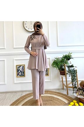 لباس مجلسی حجاب بژ زنانه یقه ایستاده Elinay Butik - کد 935137839
