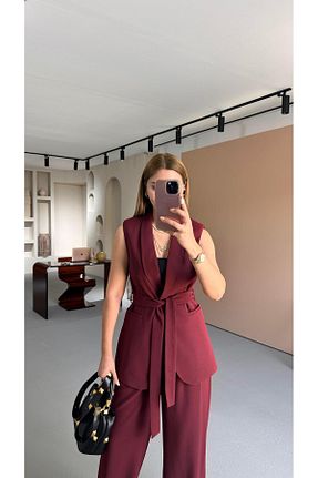 ست بالاتنه و پائین تنه زرشکی زنانه بافتنی Sezgi Tekin - کد 934523256