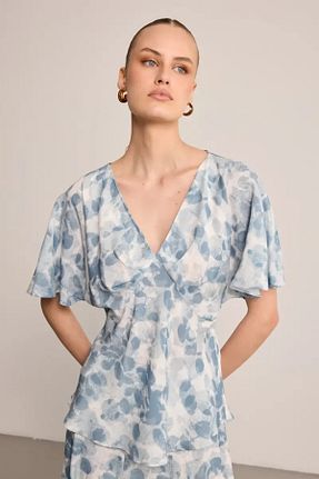 بلوز آبی زنانه طرح دار Gusto - کد 934750785