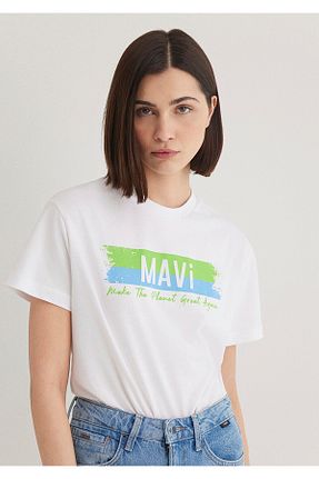 تیشرت سفید زنانه یقه دوچرخه Mavi - کد 36981372