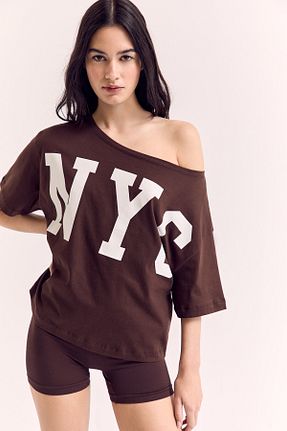 تیشرت قهوه ای زنانه سایز بزرگ Stradivarius - کد 932875421